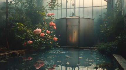 Industrial stainless steel tank partially submerged in still waters, reflecting a dense, mist-covered forest, creating a surreal, dreamlike scene