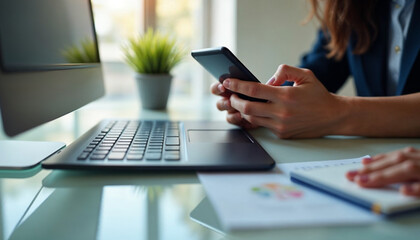 Fototapeta premium Cropped shot of executive woman holding smartphone in hands while doing online financial transaction by her smartphone in front computer tablet at the modern working desk.