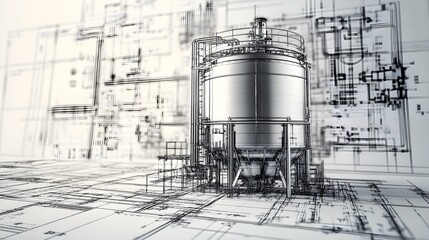 Obraz premium Industrial stainless steel tank with intricate network of chrome pipes, perfectly aligned and connected, reflections of surrounding lights emphasizing the metallic texture