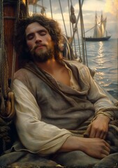 Obraz premium Biblical illustration, Jonah sleeps soundly on the boat while fleeing to Tarshish