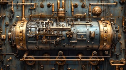 Industrial tank with complex pipes, steampunk style, brass and copper accents, sepia tones, detailed illustration, mechanical intricacies highlighted