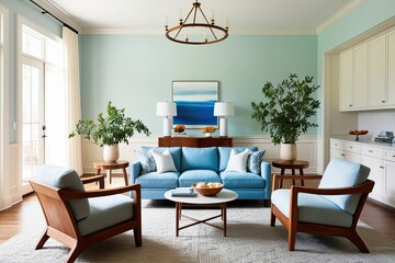 Fototapeta premium Bright and Airy Living Room Design with Soft Blue Sofa and Warm Wooden Armchairs