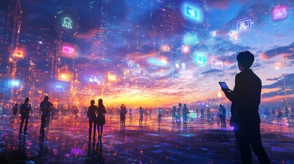 A vibrant digital landscape features diverse people engaging with tech amid glowing data streams and circuits.