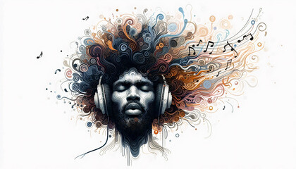 An abstract illustration of a man with headphones, his hair transforming into musical notes and swirls, representing the essence of music