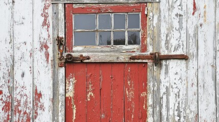 Naklejka premium Weathered Red Wooden Door with Peeling Paint and Rusty Hinges