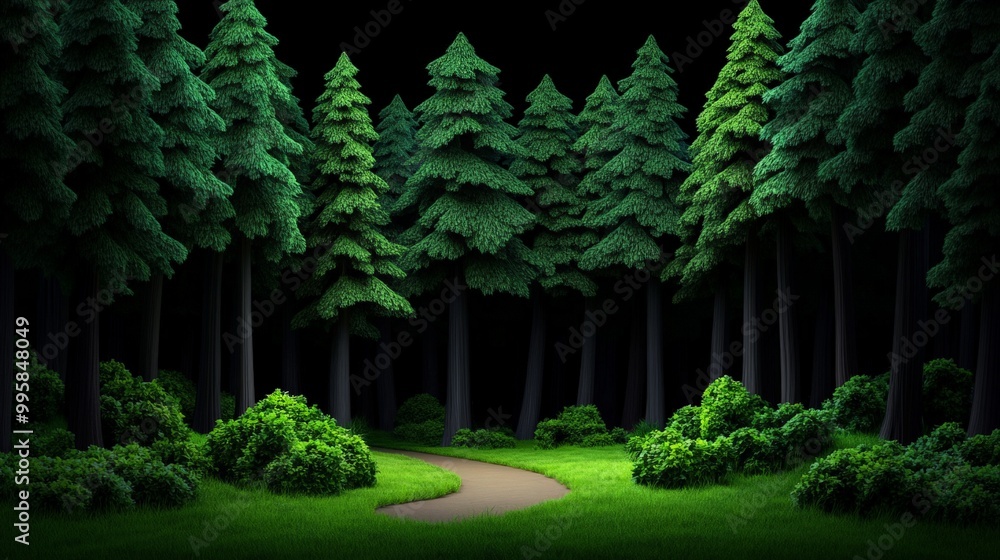 Poster the enchanting forest path: a winding path through a dense, mysterious evergreen forest, bathed in s