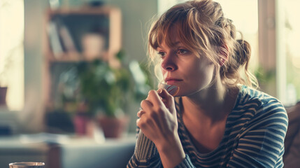 A person sitting alone, holding a small object with a tense expression, symbolizing addictive habits. The focus is on the individual's face and the object in their hand, using shallow depth of field t