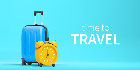 3D cartoon blue suitcase and yellow alarm clock on turquoise background. Time to travel or vacation time concept. Design element for trip planning, travel agency ad. Vector illustration of 3d render.