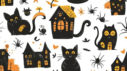 A seamless doodle pattern with Halloween motifs: black cats, witches, spiders, and haunted houses, drawn in a fun, cartoon style.