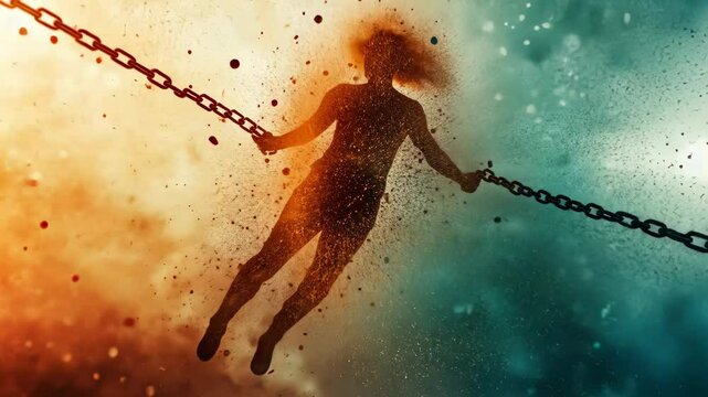 Woman shattering chains to embrace freedom and strength
