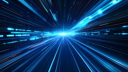 Vector Abstract, science, futuristic, energy technology concept. Digital image of light rays, stripes lines with blue light, speed and motion blur over dark blue background. 