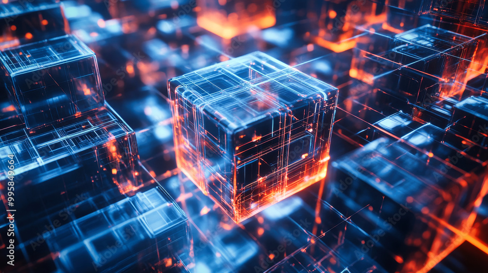 Poster interconnected transparent cubes in an abstract technology composition