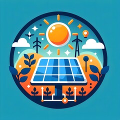 Solar Cell With Sun and Clouds Round Logo. Solar Cell Icon Symbol for Graphic Resouce Flat Vector Design