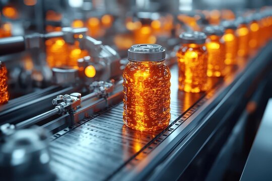 beverage manufacturing process depicted on a conveyor belt in a bustling factory showcasing the intricate machinery and efficiency involved in production