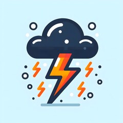 Orange Thunder With a Black Cloud Icon in Light Blue Background. Thunder Logo for Graphic Resources Flat Vector Design