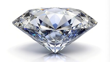 Large brilliant cut diamond is reflecting light on a white background