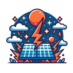 Solar Cell and Thunder with Moon and Clouds Logo. Solar Cell and Thunder Icon Symbol for Graphic Resource Vector Flat Design