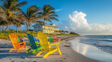Vibrant Adirondack chairs on a sunny shore, palm trees sway, and a luxurious home reflects sunlight.