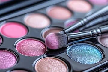 Close up of pink and blue shimmery eyeshadows with makeup brushes designed for bold colorful looks with precise application