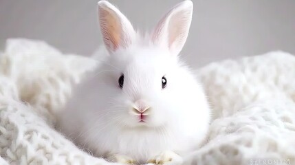 A cute white rabbit relaxes comfortably in a soft beige blanket, basking in warm sunlight filtering through a window during a serene afternoon