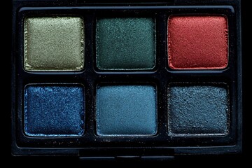Fototapeta premium Compact eyeshadow quad featuring green gold and red shades with a sleek design ideal for creating bold statement eye makeup looks
