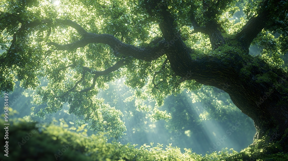 Poster Sunlight Through the Forest Canopy - Tranquil Nature Photography