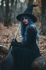 Naklejka premium Witch with a broom, Halloween