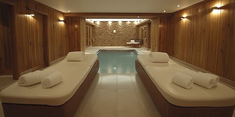A Luxurious Indoor Pool with Two Cushioned Loungers and Towels, Creating a Tranquil Spa Setting