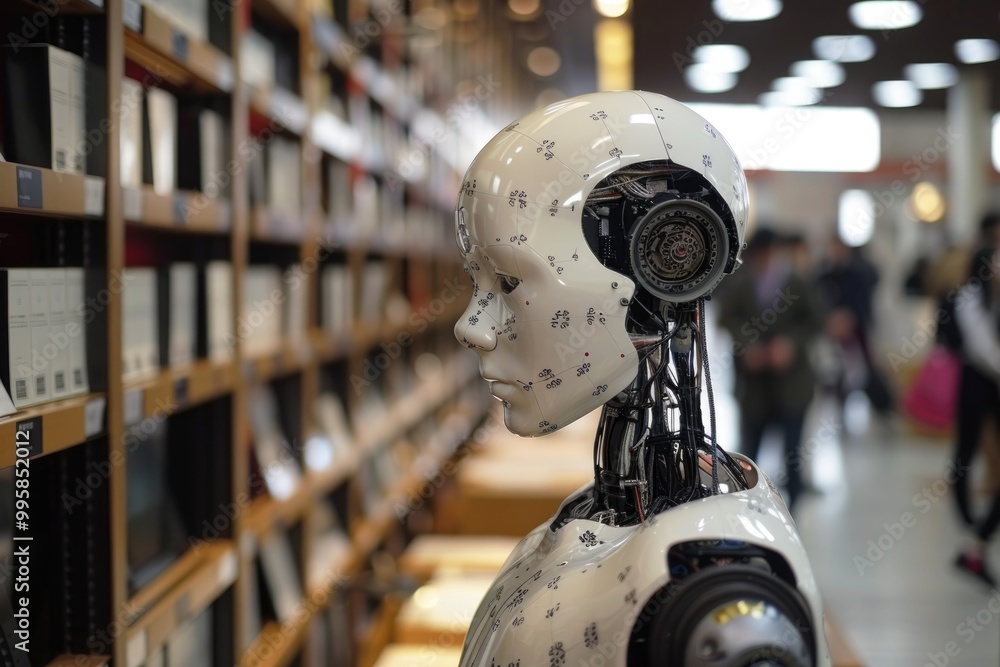Poster futuristic humanoid robot close-up: advanced ai and robotics technology