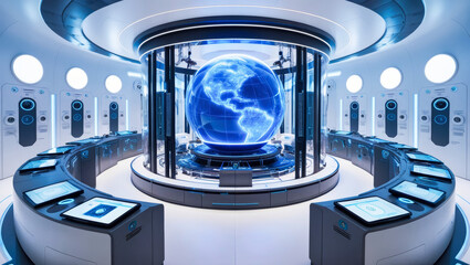 Blue futuristic high tech laboratory or control room
