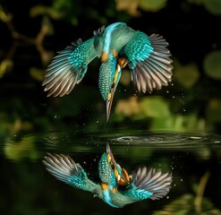 A bird is flying over a body of water, with its reflection visible in the water
