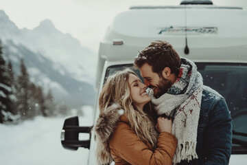 Happy couple in love hug by camper van vehicle in snow with mountains, adventure winter travel leisure