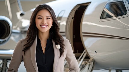 A friendly flight attendant stands at the entrance of a luxury private jet, ready to greet passengers. Her professional attire enhances the welcoming atmosphere on this beautiful day