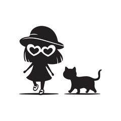 cute little girl wearing a hat and heart-shaped sunglasses, walking next to a black cat