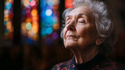 Obraz premium Close-up of an elderly woman with eyes closed in prayer, sitting in a church with stained glass windows in the background. 