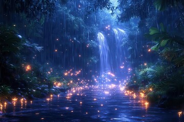 bioluminescent rainforest scene with glowing plants and creatures dewdrops capturing the ethereal light creating a magical nocturnal atmosphere