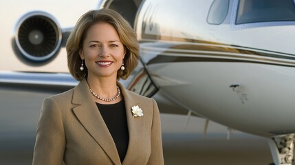 A friendly flight attendant stands at the entrance of a luxury private jet, ready to greet passengers. Her professional attire enhances the welcoming atmosphere on this beautiful day