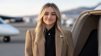 A friendly flight attendant stands at the entrance of a luxury private jet, ready to greet passengers. Her professional attire enhances the welcoming atmosphere on this beautiful day
