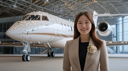 A friendly flight attendant stands at the entrance of a luxury private jet, ready to greet passengers. Her professional attire enhances the welcoming atmosphere on this beautiful day