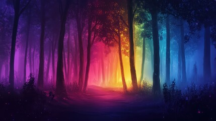 Obraz premium Enchanting Forest Path with Vibrant Rainbow Colors and Mystical Atmosphere at Twilight