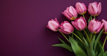 Fototapeta premium Beautiful pink tulips on a dark purple background with copy space, closeup