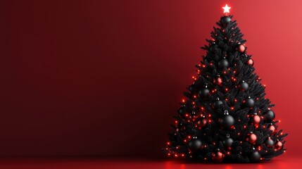 Elegant Black Christmas Tree with Red Ornaments and Lights Against a Red Background