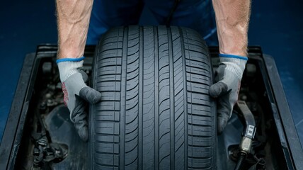 Close-up of mechanic's hand holding new tire in shop
Changing winter and summer tires