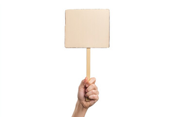 Hand holding a blank cardboard sign with a wooden handle, isolated on a white background..