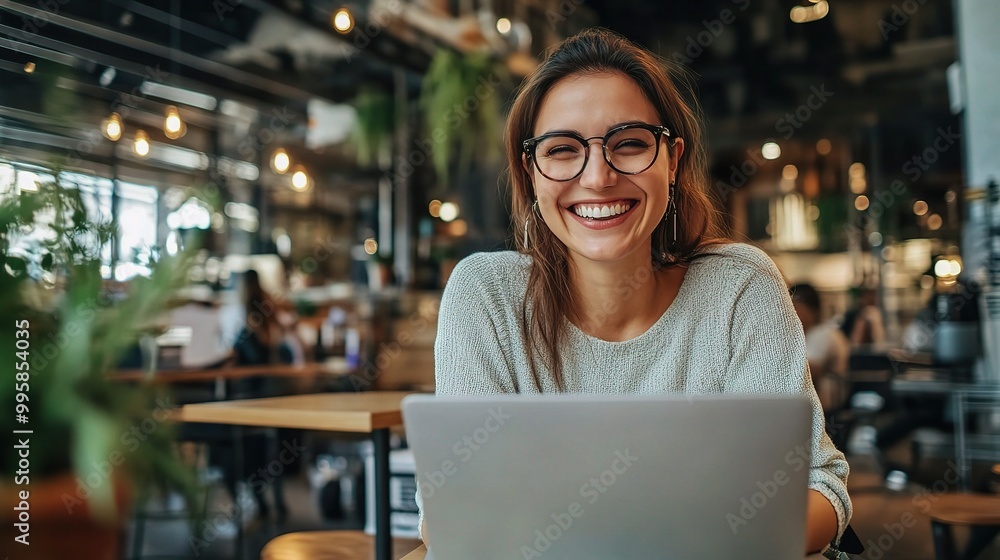 Sticker Happy Woman Working on Laptop in Modern Cafe