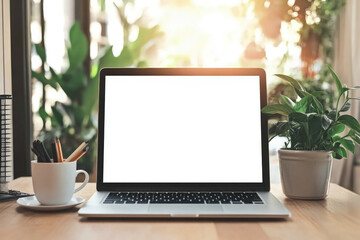 Fototapeta premium Laptop with a blank screen placed on a wooden desk next to a cup of pencils and a potted plant. The natural light and greenery create a productive and relaxed workspace..