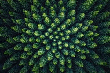 Aerial view of an endless pine forest, where the trees form an intricate pattern