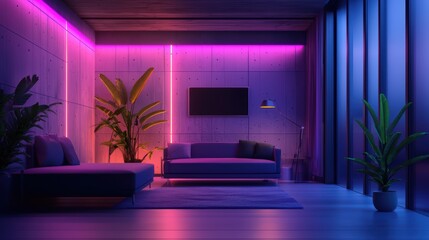 Modern Living Room with Neon Lighting and Indoor Plants in a Contemporary Home Interior