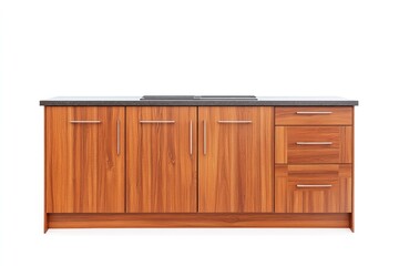 Contemporary kitchen island with wood finish and sleek metal handles, featuring a minimalist design and a dark countertop, perfect for modern home interiors.