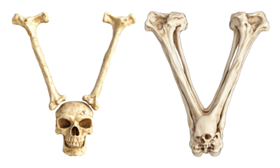 letter font "V" made of bones and skulls for halloween parties and horror festivals